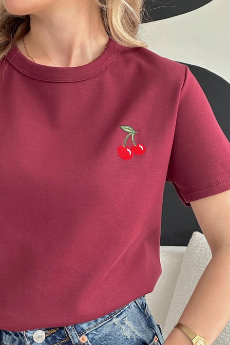 Kiraz Nakış Tshirt Bordo