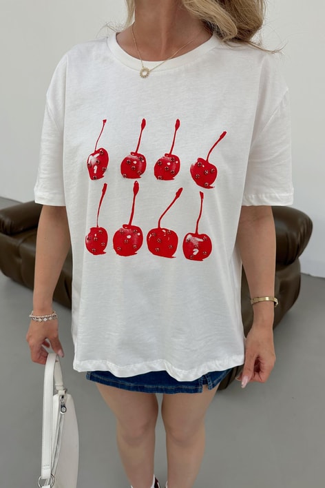 Kirazlı Taş Baskılı Tshirt Beyaz