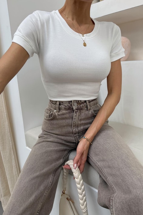 Kol Dikiş Detay Basic Tshirt Beyaz