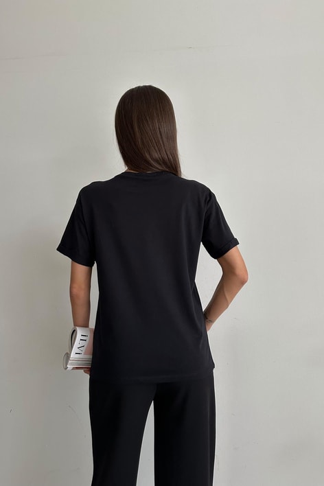 Kol Katlamalı Basic Tshirt Siyah