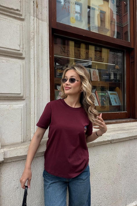 La Nakışlı Teddy Tshirt Bordo