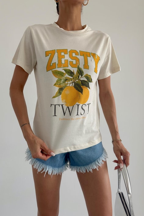 Lemon Baskı Tshirt Bej