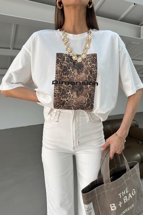 Leopar Baskı T-shirt Ekru