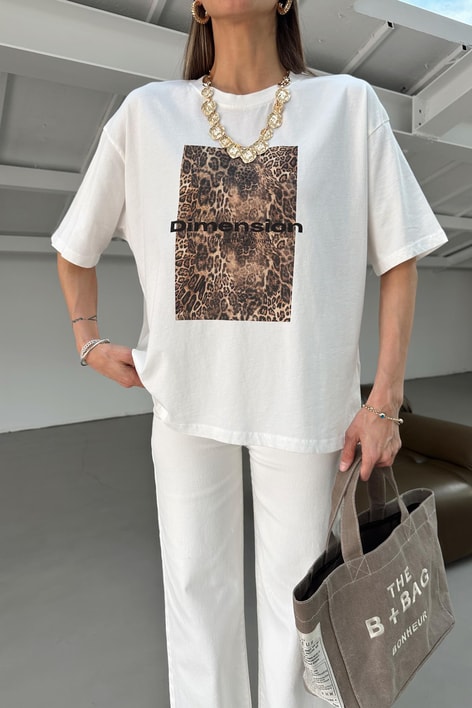 Leopar Baskı T-shirt Ekru