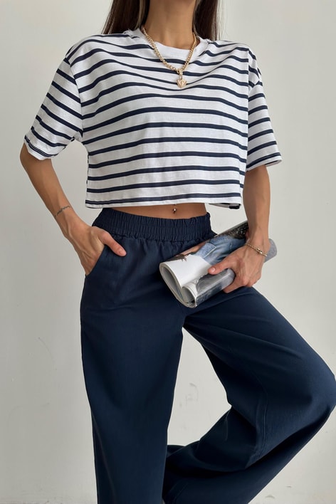 Line Crop Tshirt Lacivert