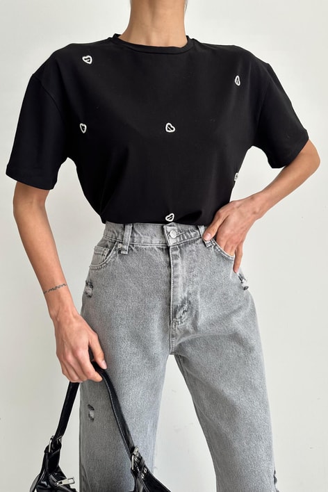Lover Taşlı Tshirt Siyah