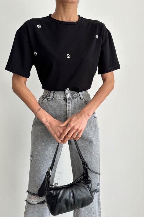 Lover Taşlı Tshirt Siyah