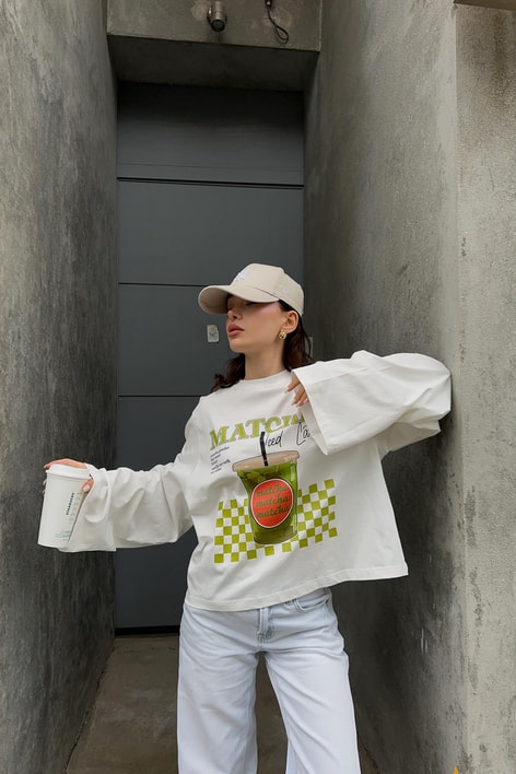 Matcha Yarasa Uzun Kol Tshirt Beyaz