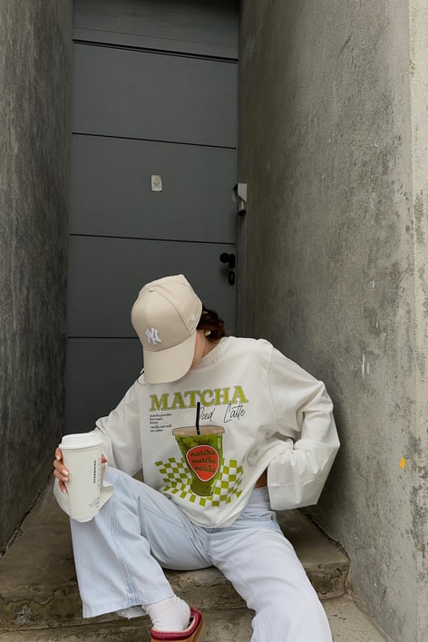 Matcha Yarasa Uzun Kol Tshirt Beyaz