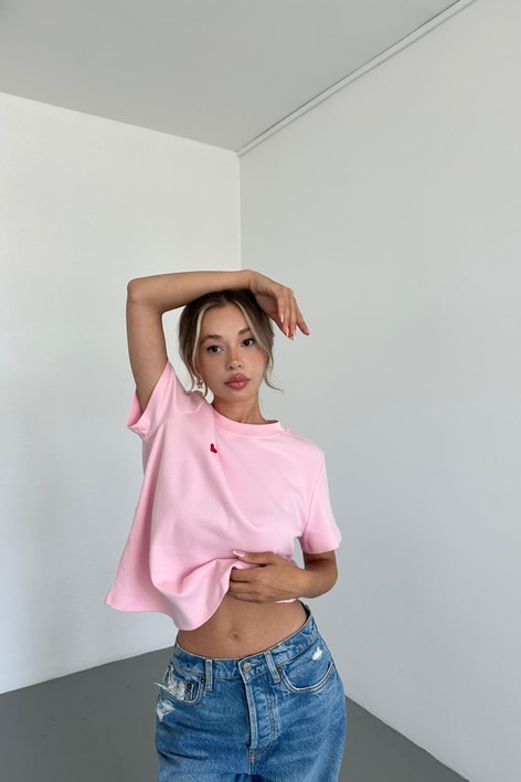 Mini Kalp Nakışlı Tshirt Pembe