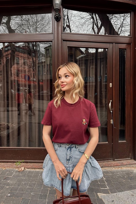 Mini Teddy Nakışlı Tshirt Bordo