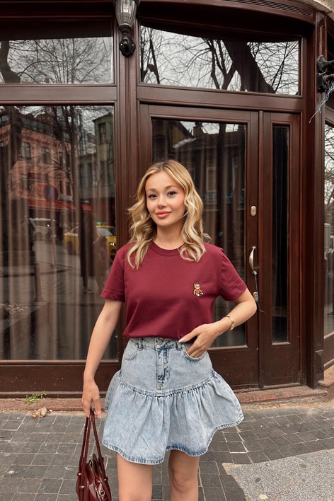 Mini Teddy Nakışlı Tshirt Bordo