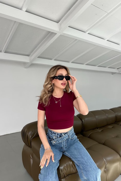 Modal Crop Tshirt Bordo