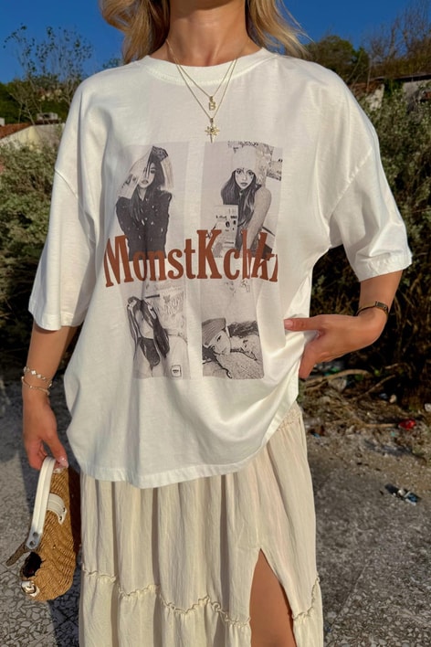 MonstKcbki Baskılı T-Shirt Ekru