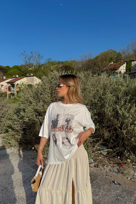 MonstKcbki Baskılı T-Shirt Ekru