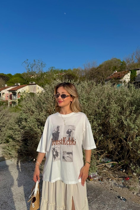MonstKcbki Baskılı T-Shirt Ekru