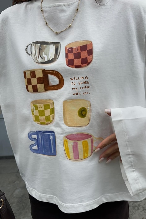 Mug Cup Yarasa Uzun Kol Tshirt Beyaz