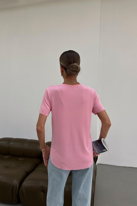 Oval Kesim Basic Tshirt Pembe