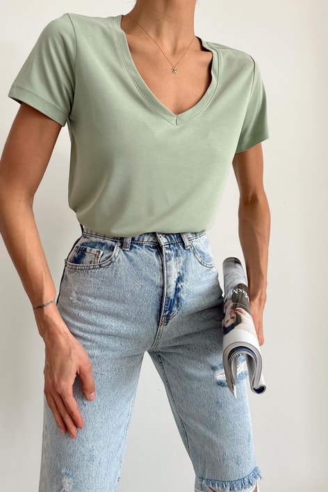 Oyso Kumaş V Yaka Basic Tshirt Çağla Yeşili