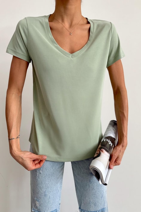 Oyso Kumaş V Yaka Basic Tshirt Çağla Yeşili