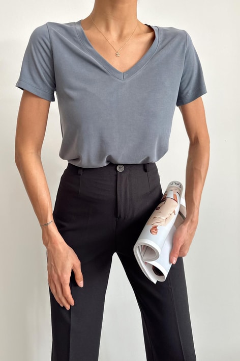 Oyso Kumaş V Yaka Basic Tshirt Gri