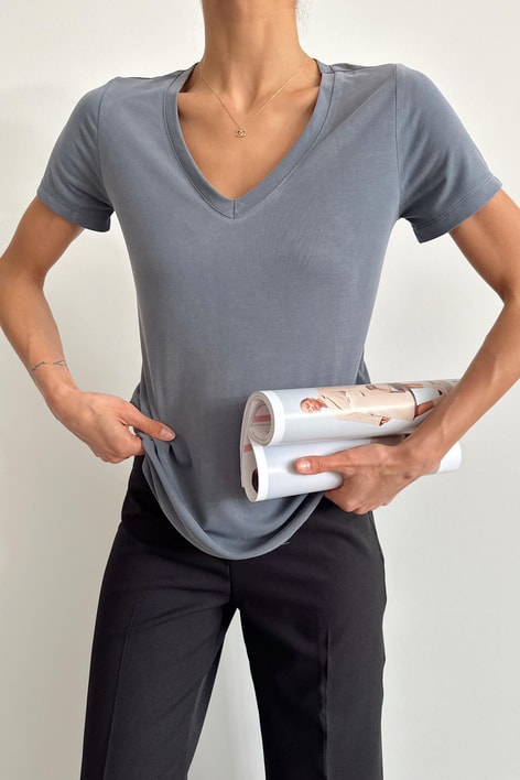 Oyso Kumaş V Yaka Basic Tshirt Gri