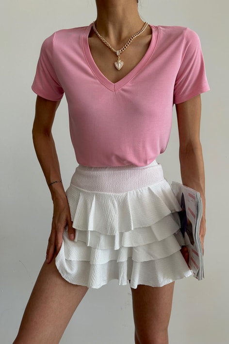 Oyso Kumaş V Yaka Basic Tshirt Şeker Pembe