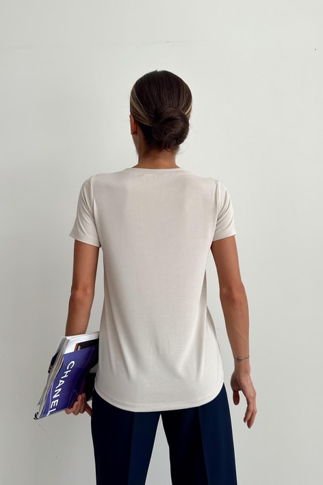 Oyso Kumaş V Yaka Basic Tshirt Taş