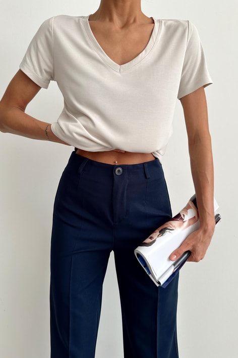 Oyso Kumaş V Yaka Basic Tshirt Taş