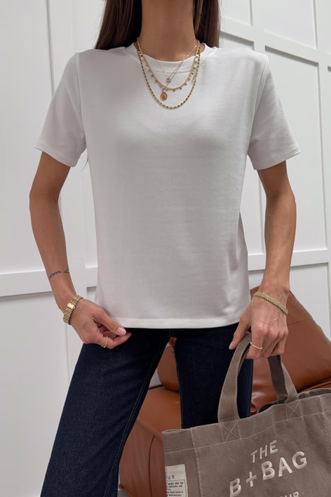 Pamuklu Bisiklet Yaka Tshirt Beyaz