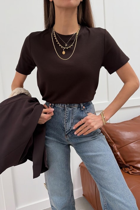 Pamuklu Bisiklet Yaka Tshirt Kahve