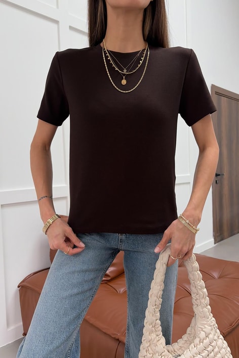 Pamuklu Bisiklet Yaka Tshirt Kahve