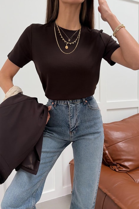 Pamuklu Bisiklet Yaka Tshirt Kahve