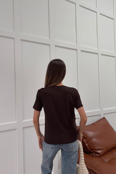 Pamuklu Bisiklet Yaka Tshirt Kahve