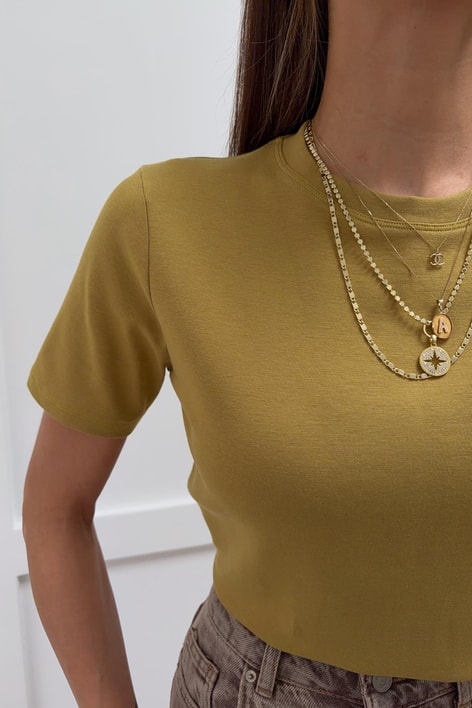 Pamuklu Bisiklet Yaka Tshirt Yağ Yeşili