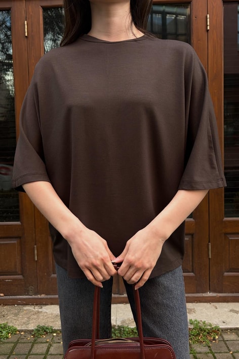 Pamuklu Oversize Basic Tshirt Kahve