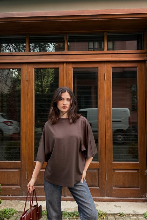 Pamuklu Oversize Basic Tshirt Kahve
