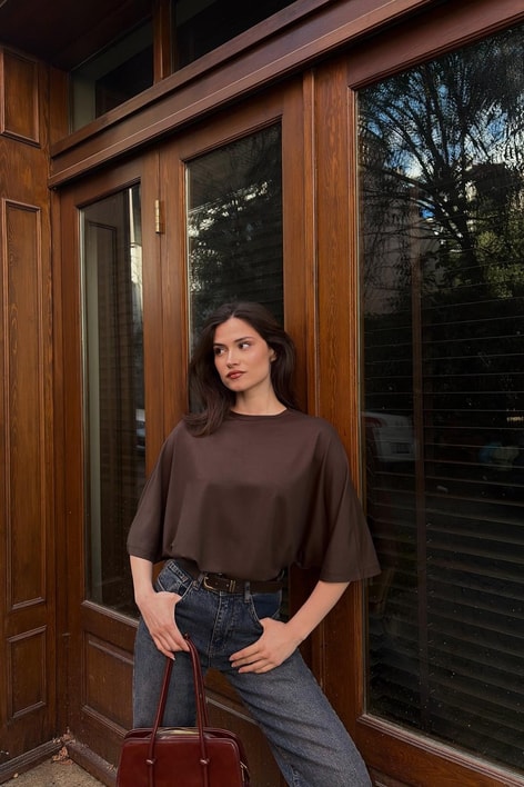 Pamuklu Oversize Basic Tshirt Kahve