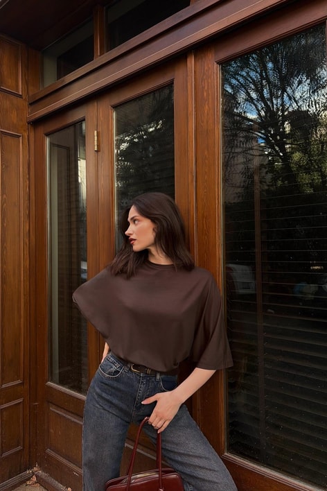 Pamuklu Oversize Basic Tshirt Kahve