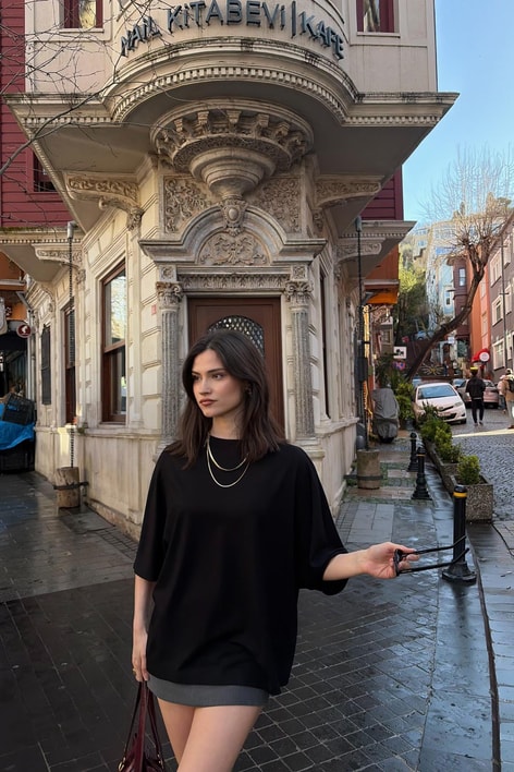 Pamuklu Oversize Basic Tshirt Siyah