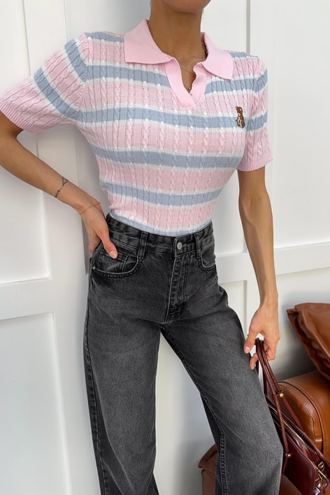 Polo Yaka Ayıcık İşlemeli Tshirt Şeker Pembe