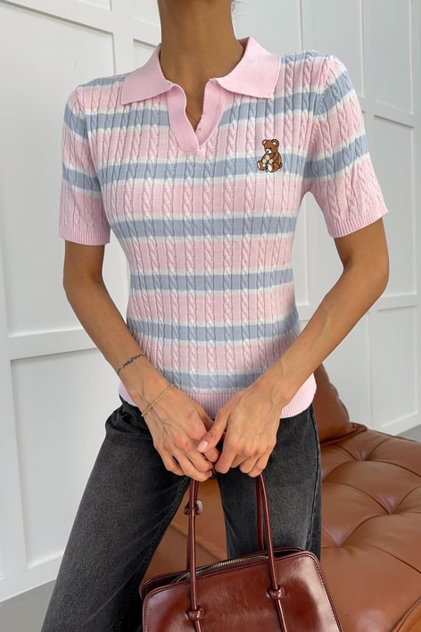 Polo Yaka Ayıcık İşlemeli Tshirt Şeker Pembe