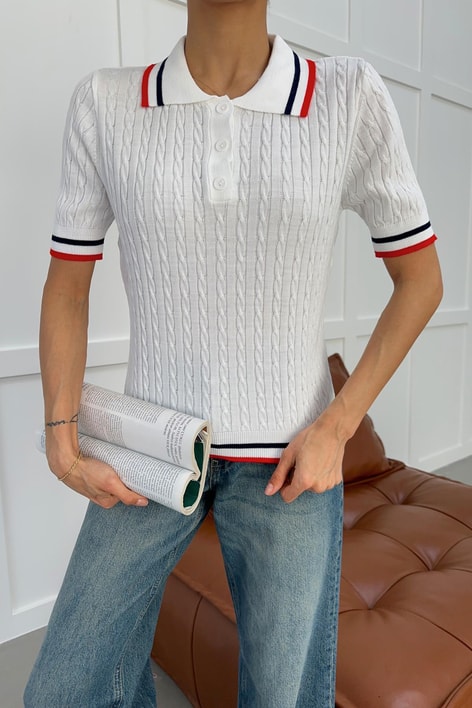 Polo Yaka Düğmeli Triko Tshirt Beyaz