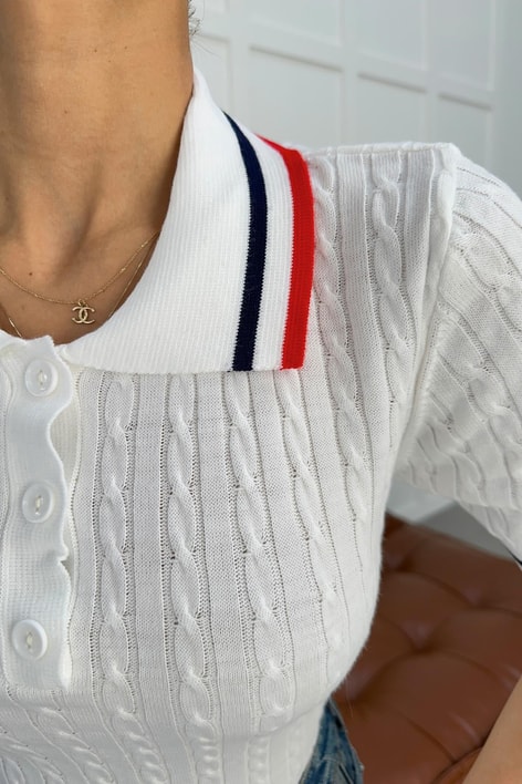 Polo Yaka Düğmeli Triko Tshirt Beyaz