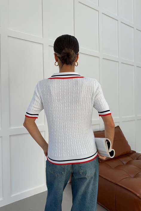 Polo Yaka Düğmeli Triko Tshirt Beyaz