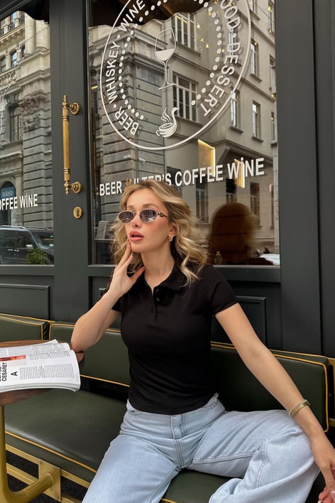 Polo Yaka Düğmeli Tshirt Siyah