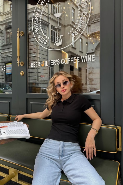 Polo Yaka Düğmeli Tshirt Siyah