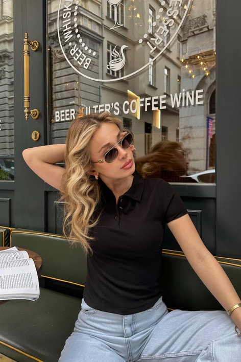 Polo Yaka Düğmeli Tshirt Siyah