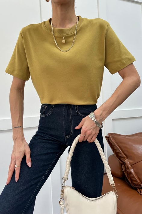 Ribanalı Premium Basic Tshirt Yağ Yeşili