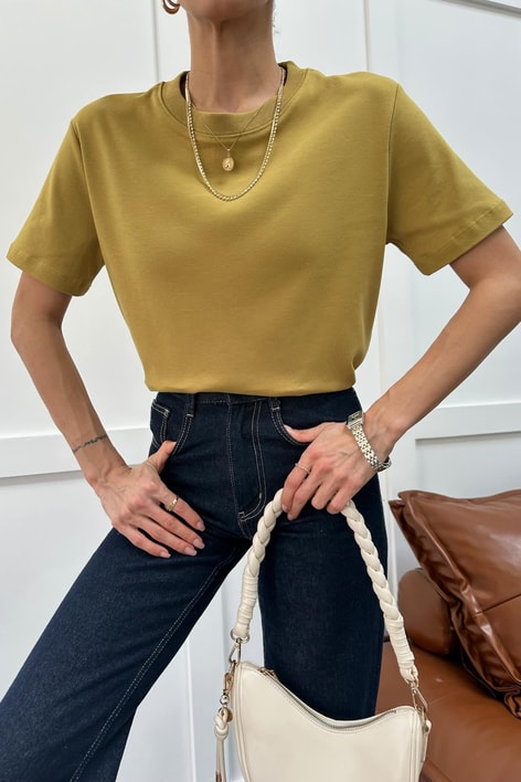 Ribanalı Premium Basic Tshirt Yağ Yeşili